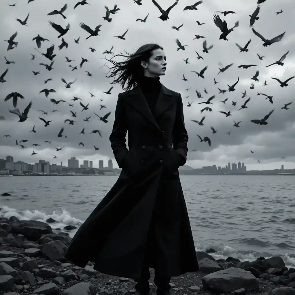 Woman in black coat on rocky shore with circling crows