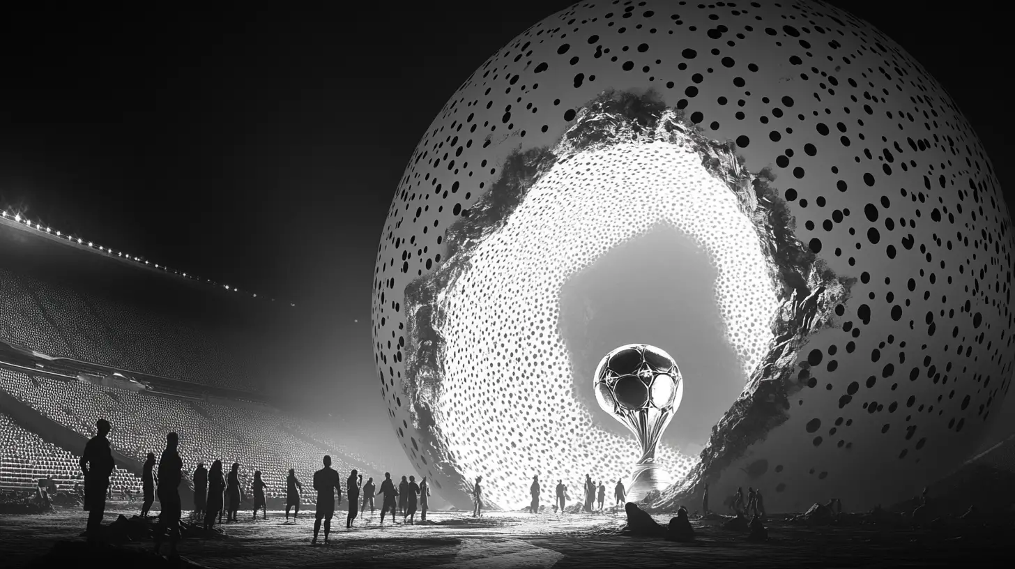 Bola de futebol gigante rachada revelando troféu brilhante no estádio