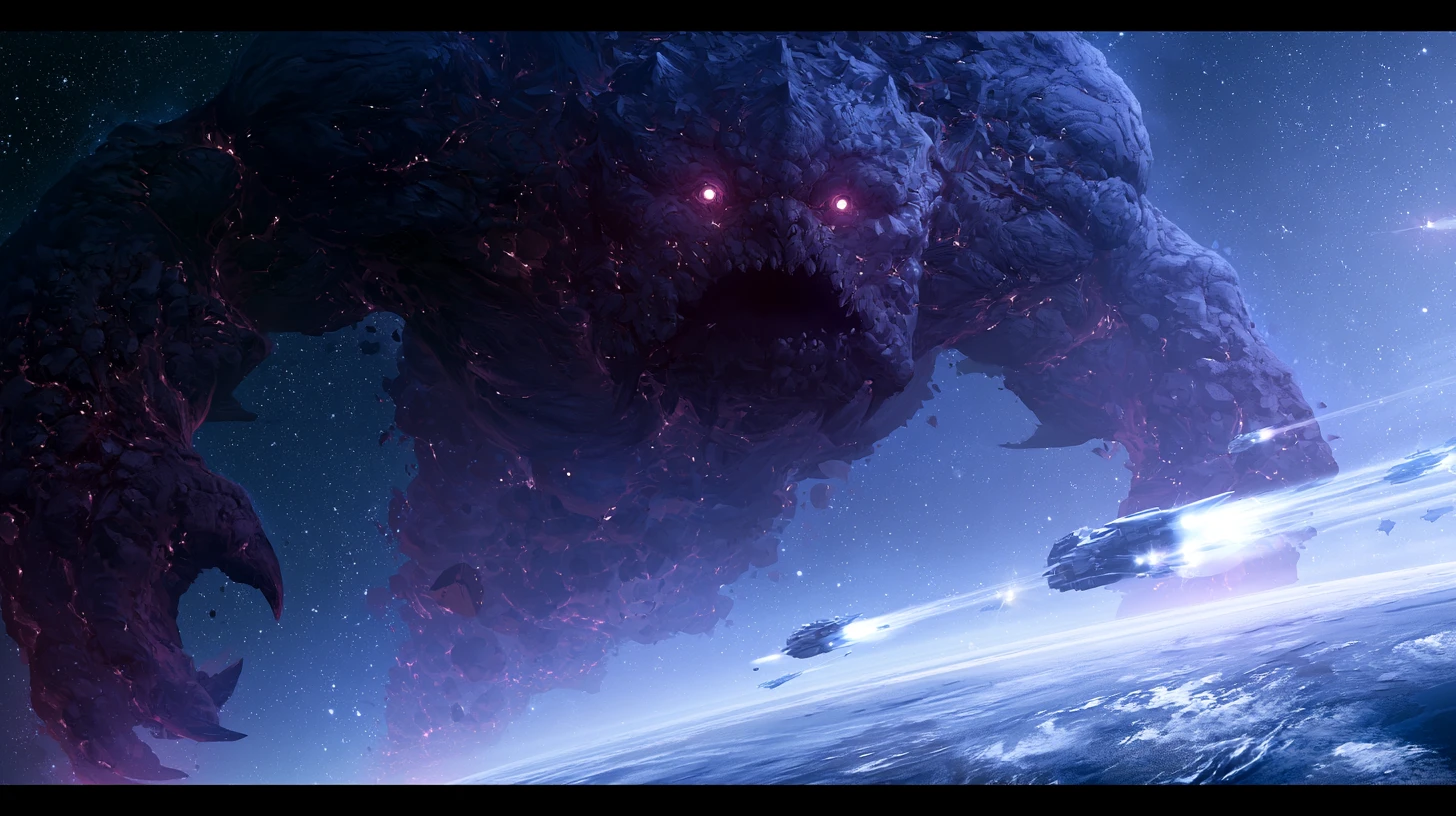 Cosmic monster looming above an alien planet horizon
