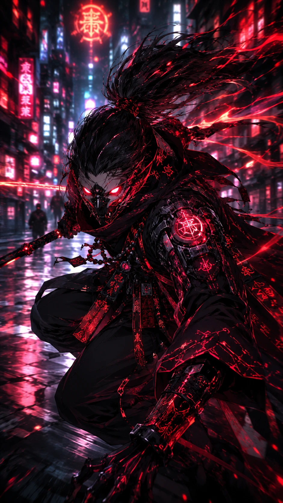 Cyber revenant woman with glowing eyes in neon city
