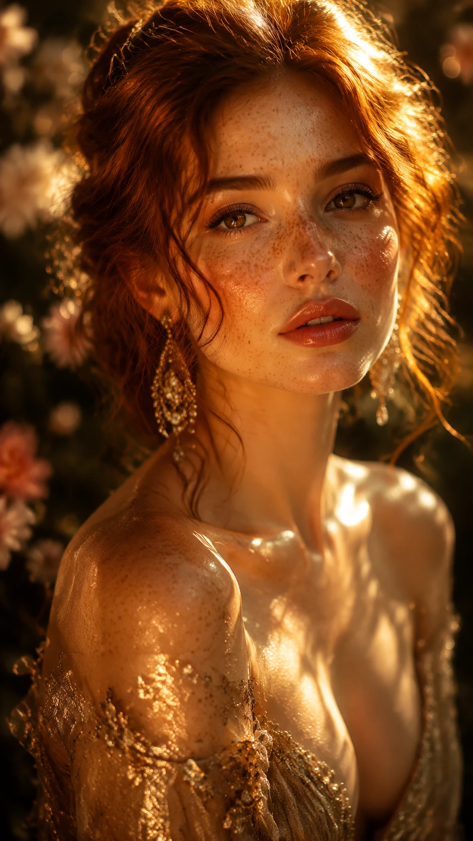 Chica pelirroja con pecas a la cálida luz dorada del sol