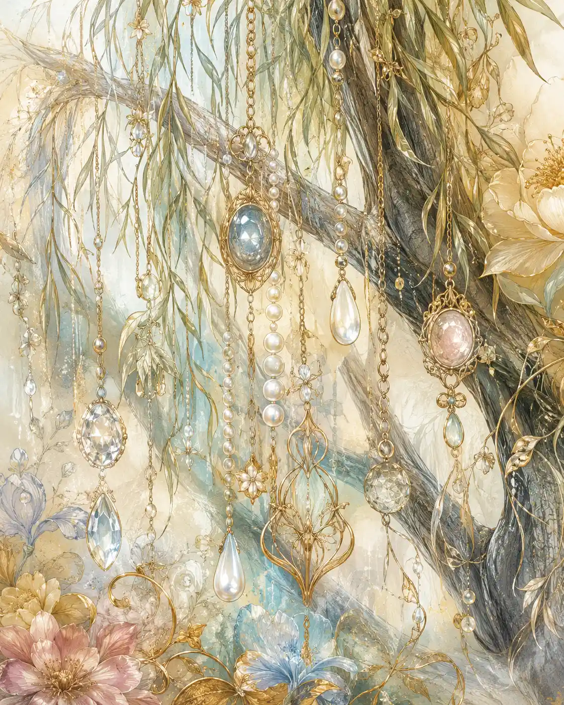 Close up willow tree draped with jewelry and flowers