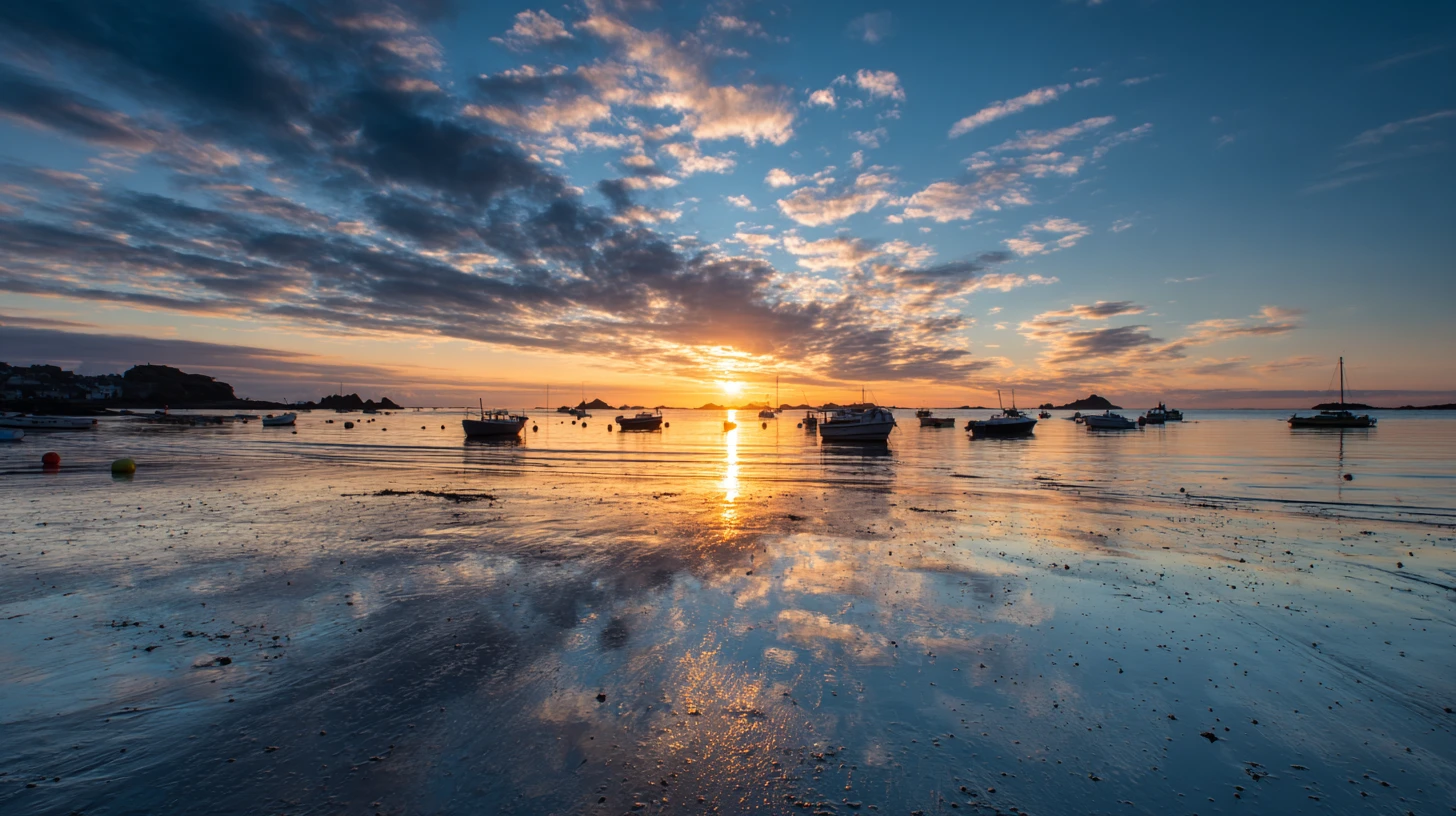 Serene sunset over boats in a calm reflective bay