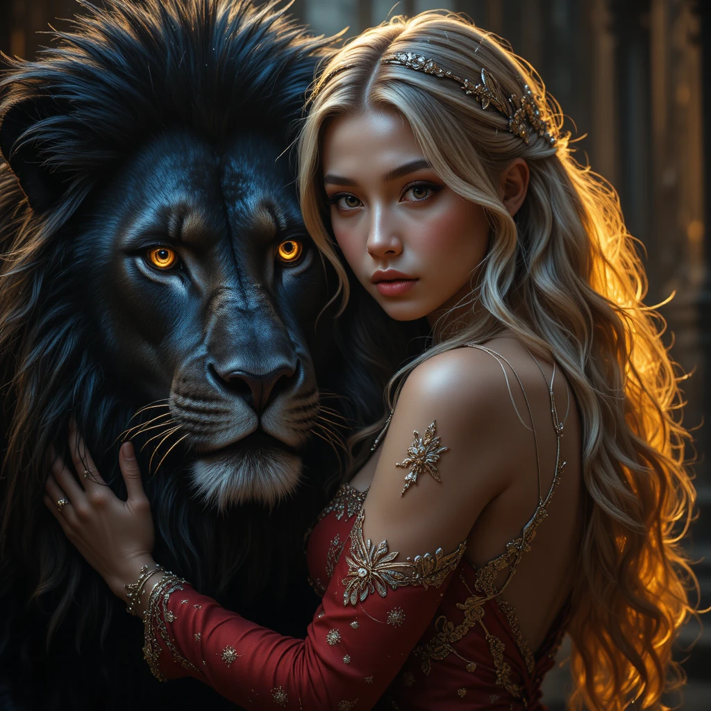 Woman in red embracing a black lion in golden light