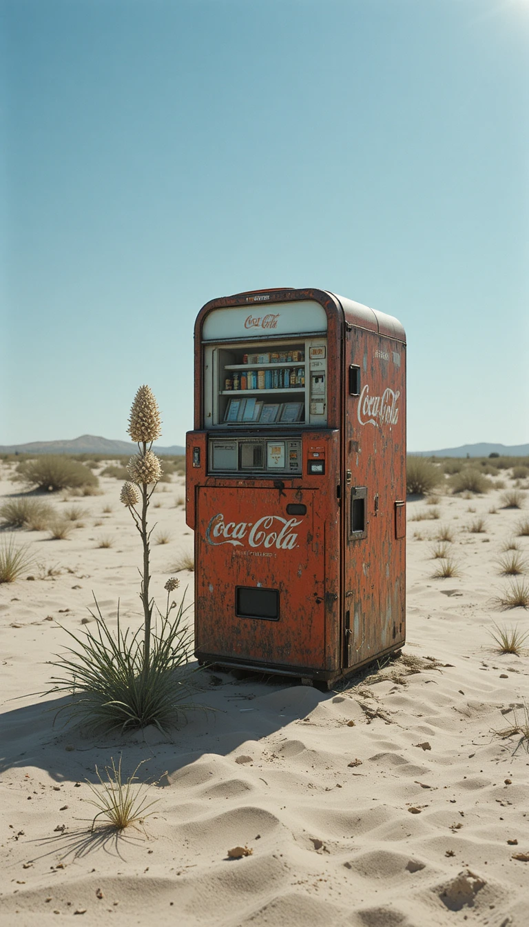 Rusty vending machine half buried in desert sand