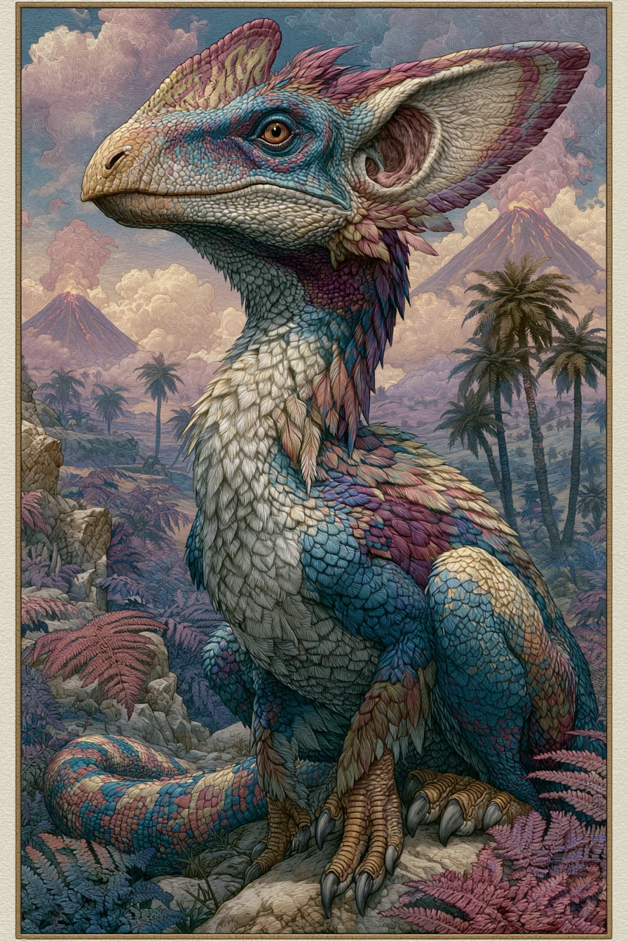 Colorful feathered dinosaur in a prehistoric volcanic landscape