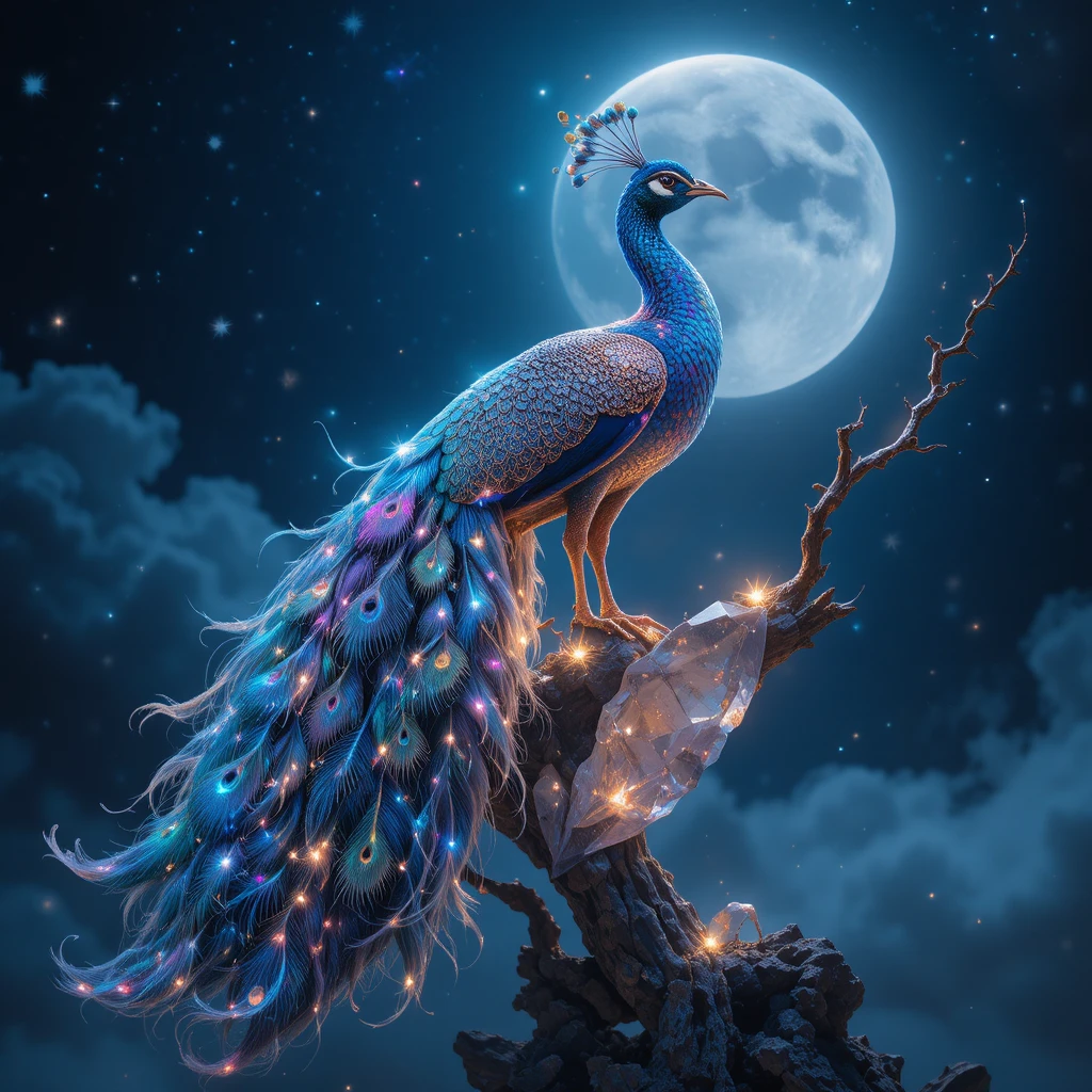 Celestial peacock on glowing crystal branch under starry sky