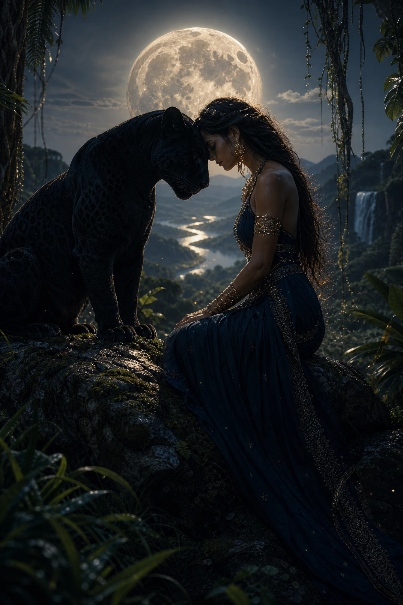Moonlit panther and amazon queen in intimate jungle moment