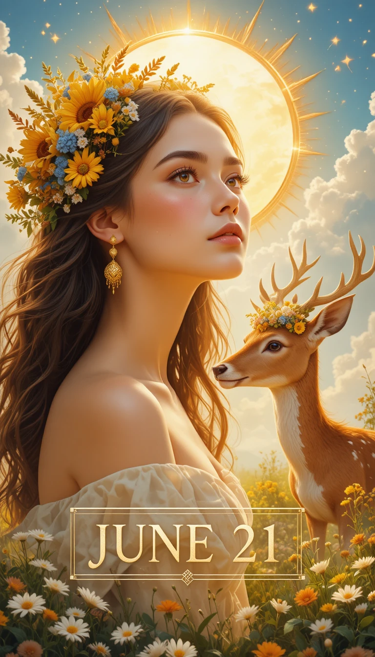 Midsummer girl in a flower crown under glowing sun