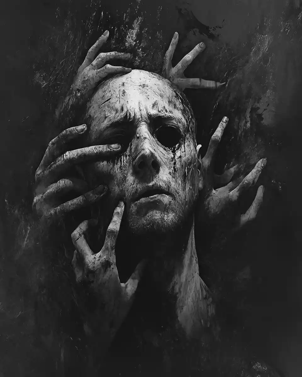 Surreal monochrome portrait of a man with hands as eyes
