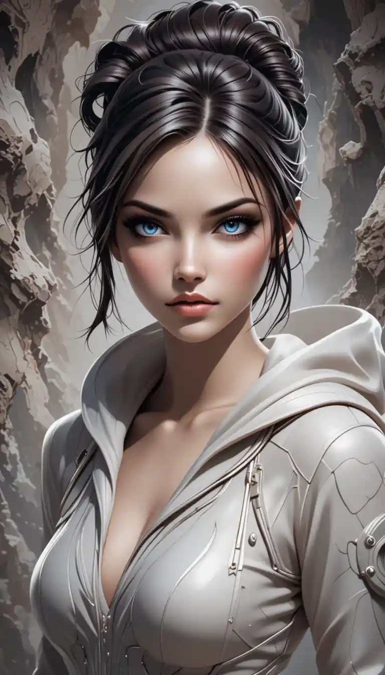 Futuristic girl with blue eyes in hooded digital portrait