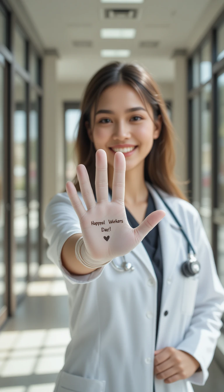 Young doctor showing gloved hand with holiday greeting