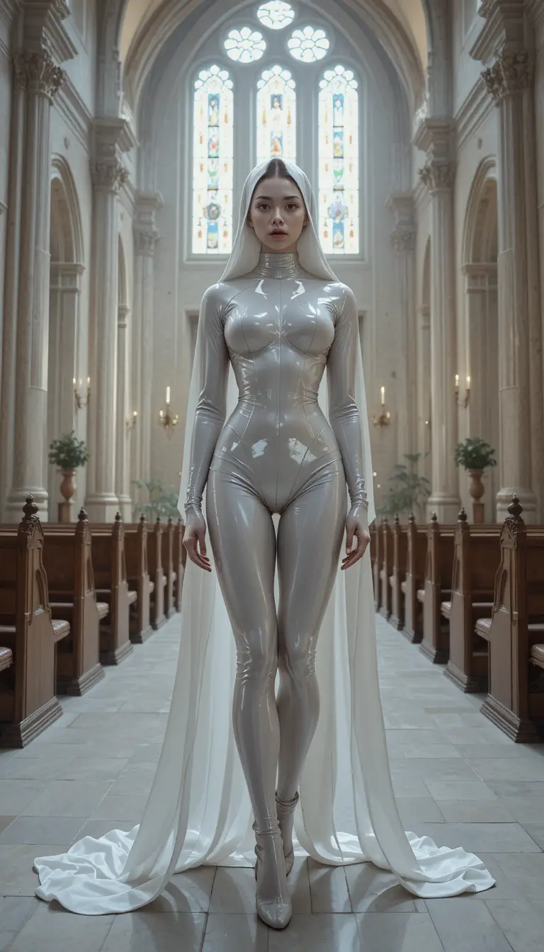 Latex clad nun standing in a vast church interior