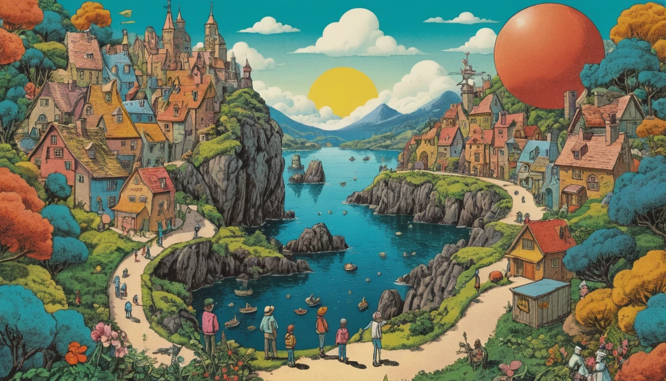 Whimsical girl hero in a colorful fantasy village