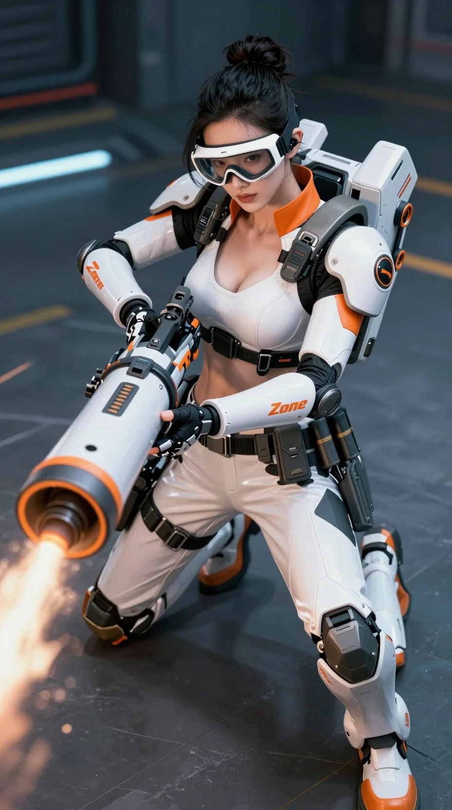 Armored Chinese woman aiming exoskeleton mortar in city