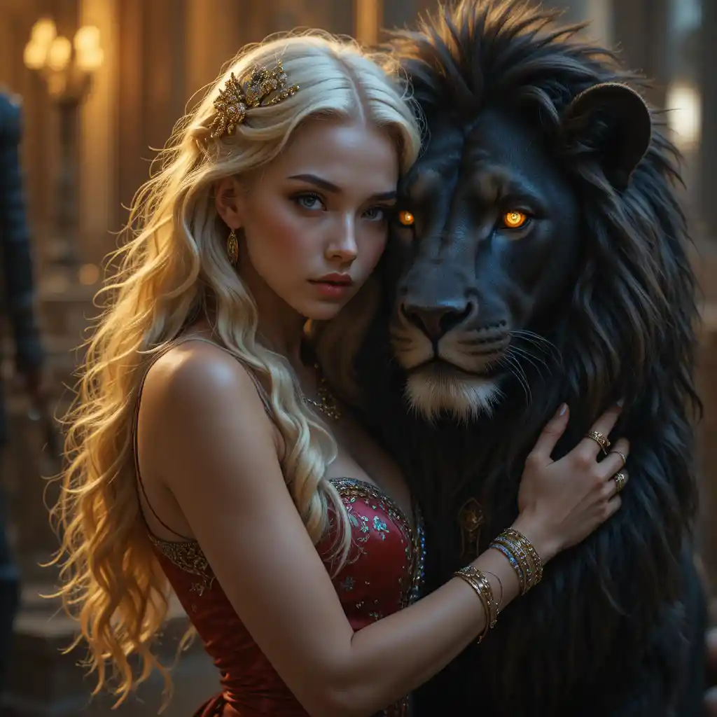 Woman in red embracing a black lion in golden light
