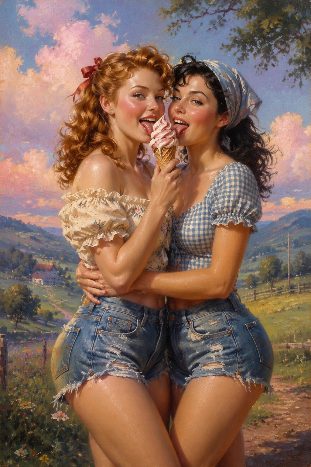 Two farm women sharing an ice cream in the countryside