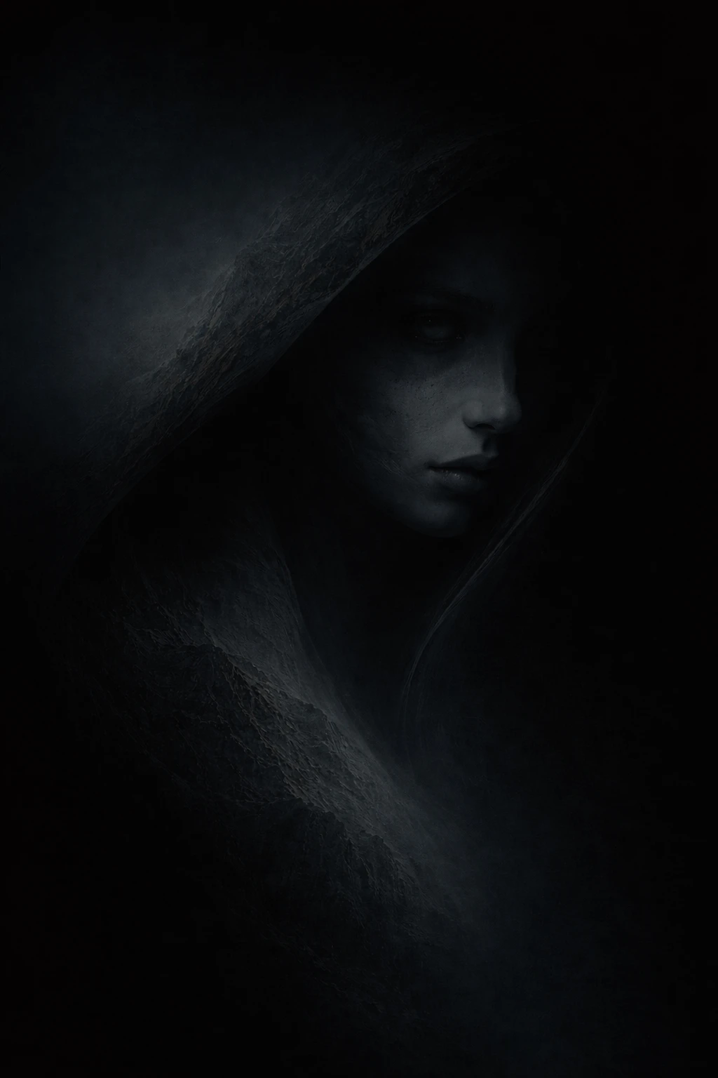 Surreal feminine portrait emerging from deep shadowed darkness