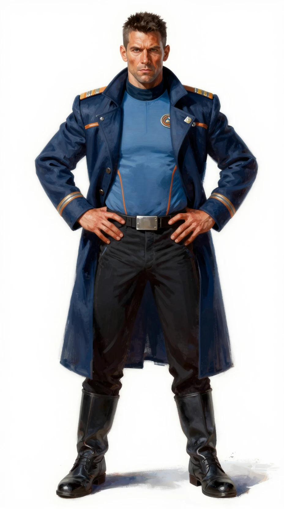 Confident starship captain in a long navy blue coat