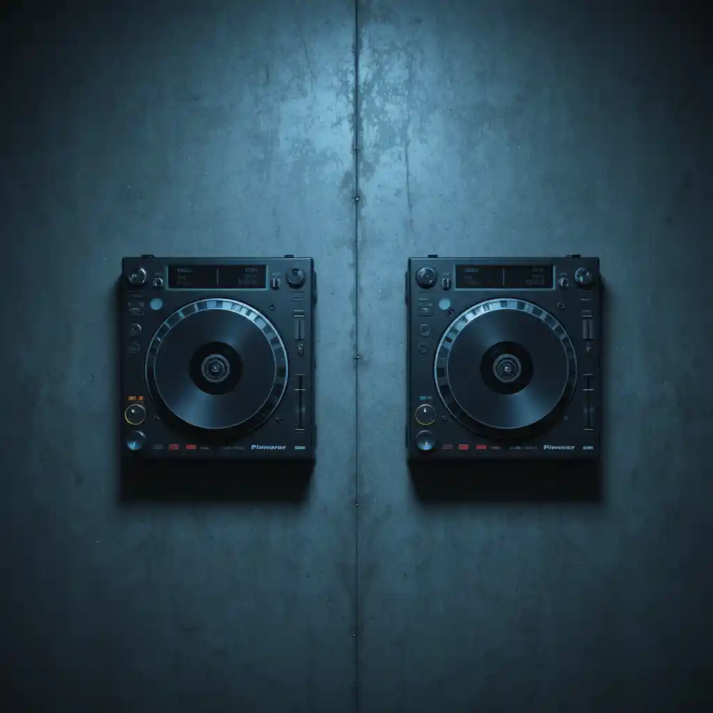 Minimalist top down techno turntables on dark industrial surface