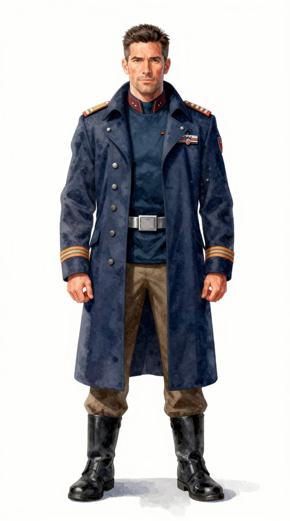 Starship captain in navy coat against white background