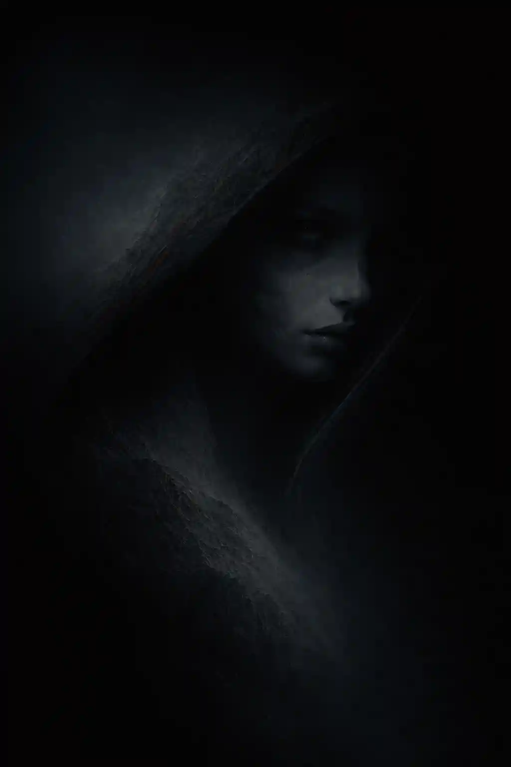 Surreal feminine portrait emerging from deep shadowed darkness