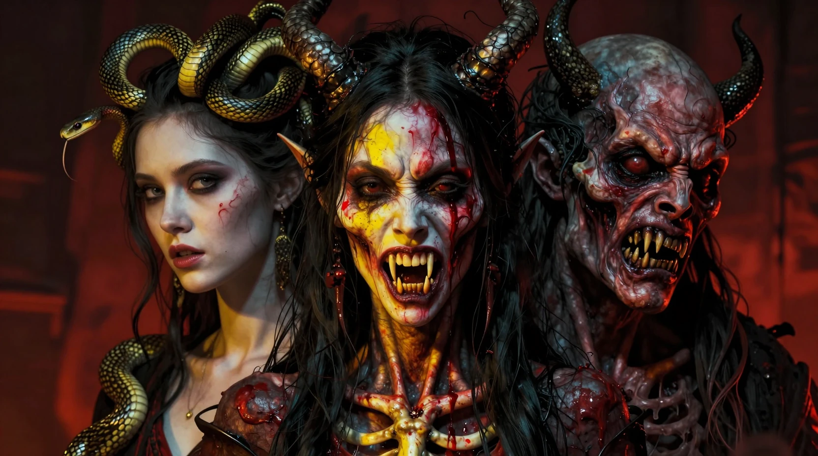 Surreal multi faced female demon in twisted cinematic portrait