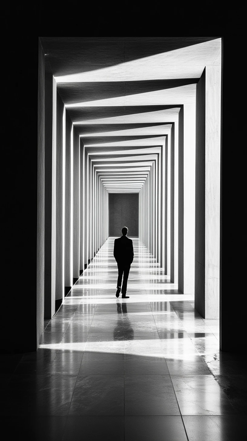 Monochrome figure opening into an endless repeating corridor
