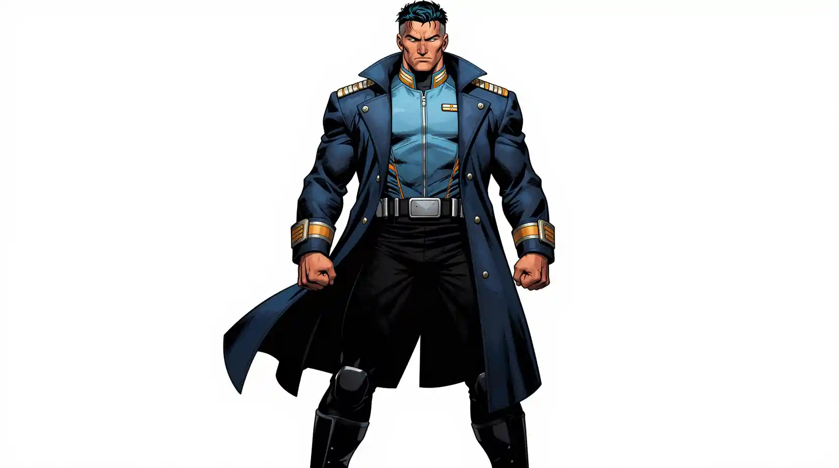 Confident starship captain in blue uniform on white background