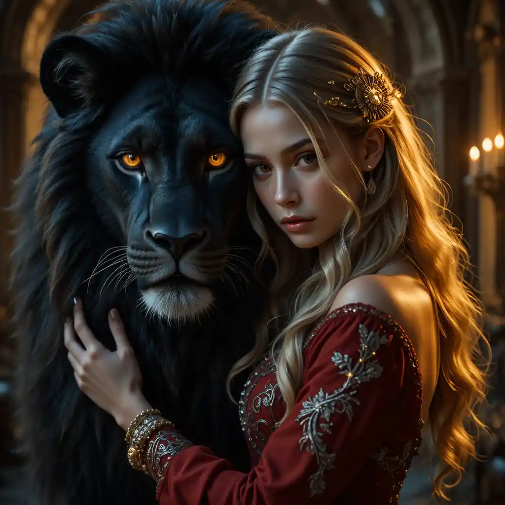 Woman In Red Embracing A Black Lion In Golden Light