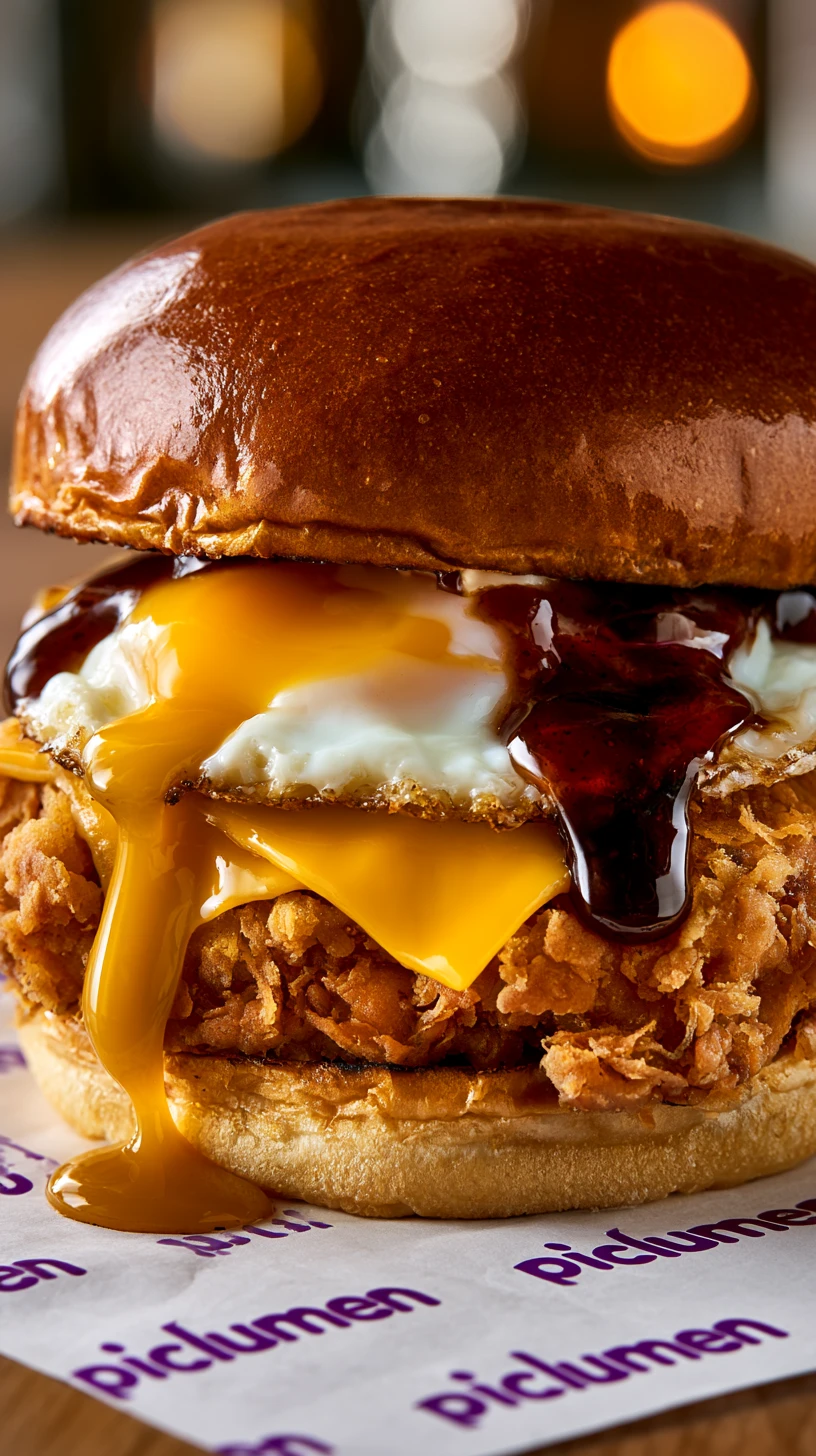 Gourmet fried chicken sandwich with egg and brioche bun