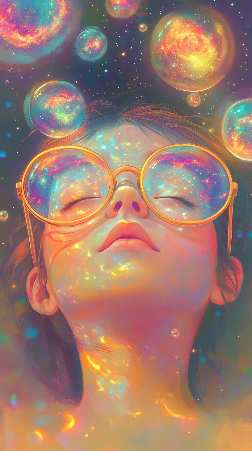 Ilustración de niño flotando en burbujas cósmicas de ensueño