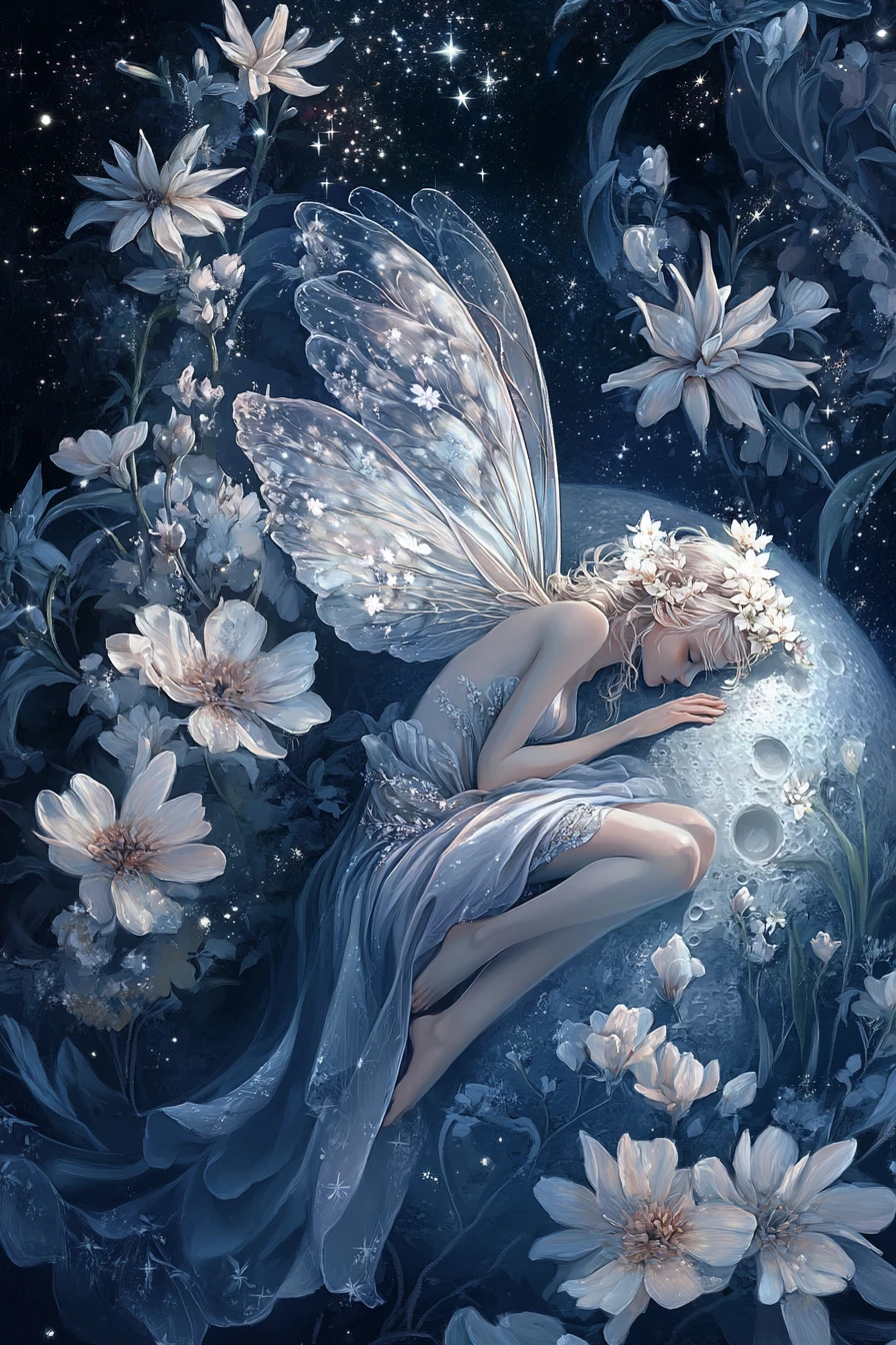 Peaceful fairy resting on the moon amid stars and flowers