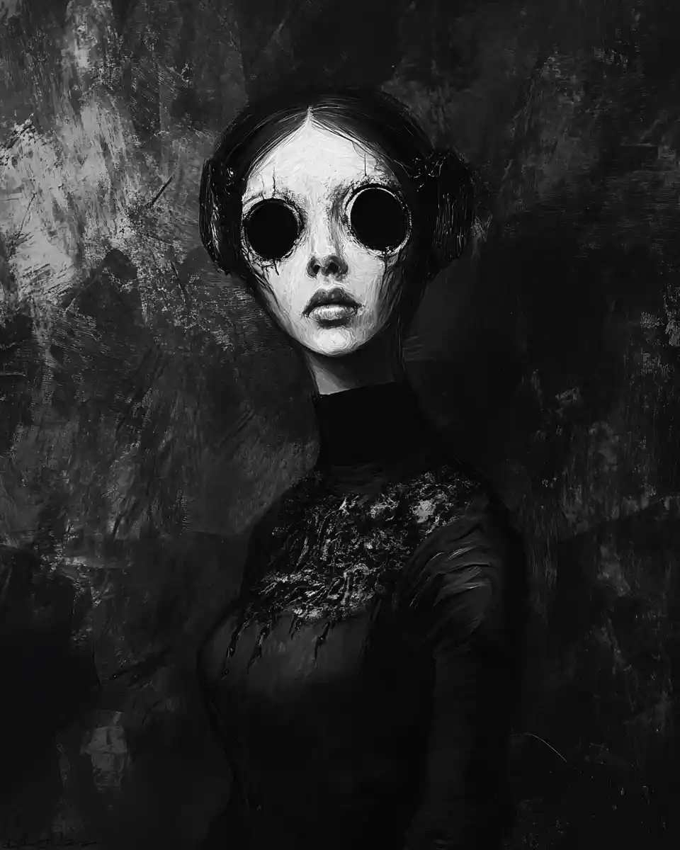 Surreal Portrait Of Woman With Hollow Eyes In Darkness