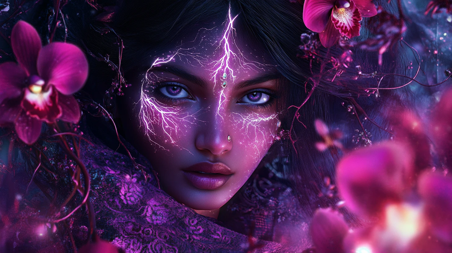 Fairy woman fused with dark orchid garden veins