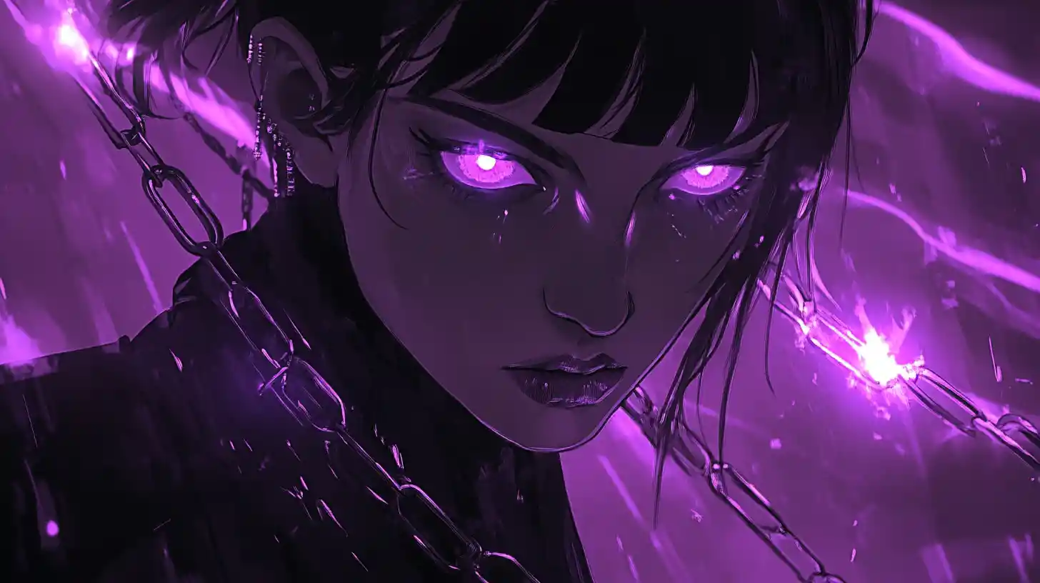Anime void oracle with luminous violet eyes in darkness