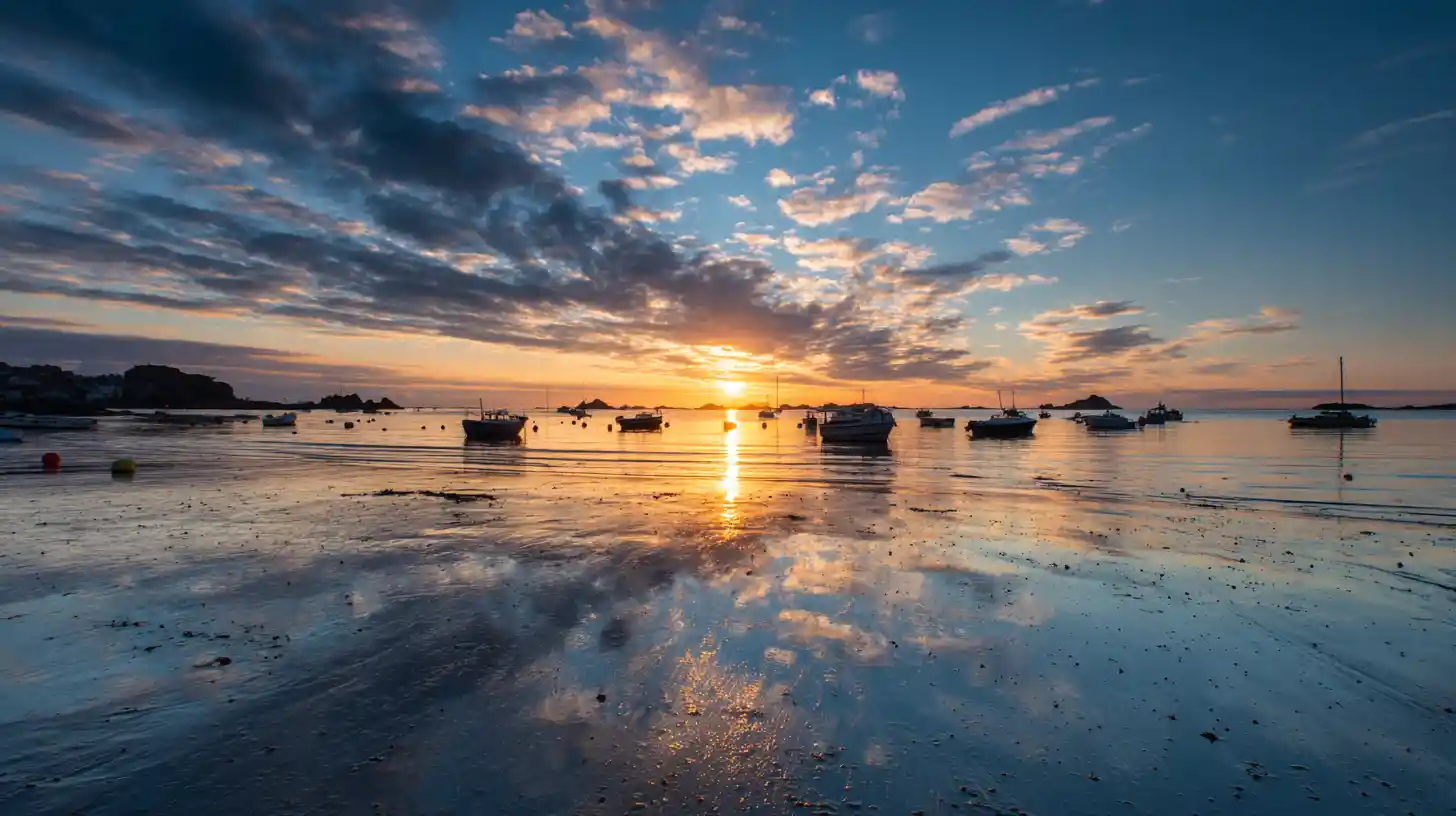Pôr do sol sereno sobre barcos em uma baía calma e refletiva