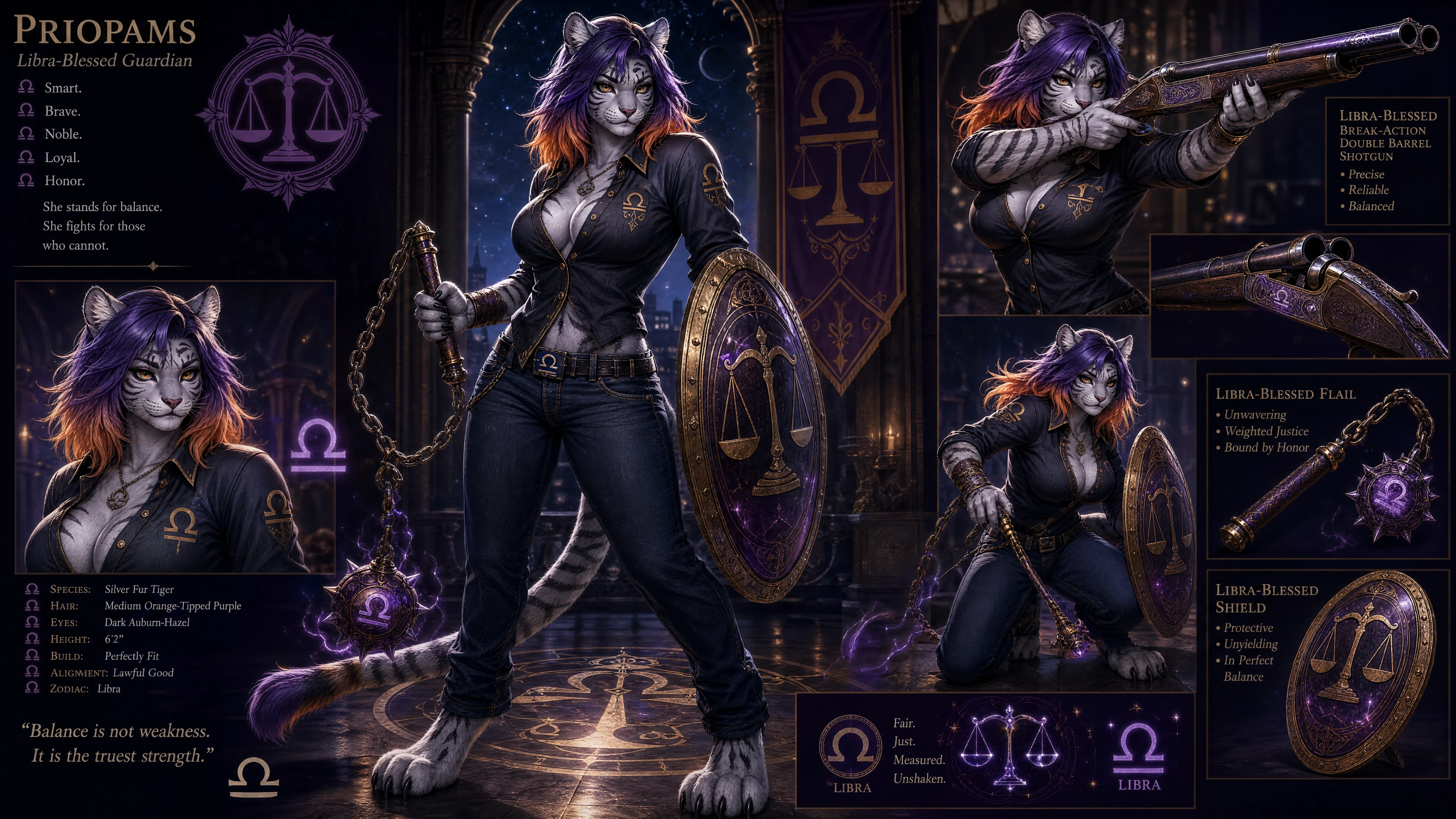Anthro silver tiger woman with Libra zodiac weapons
