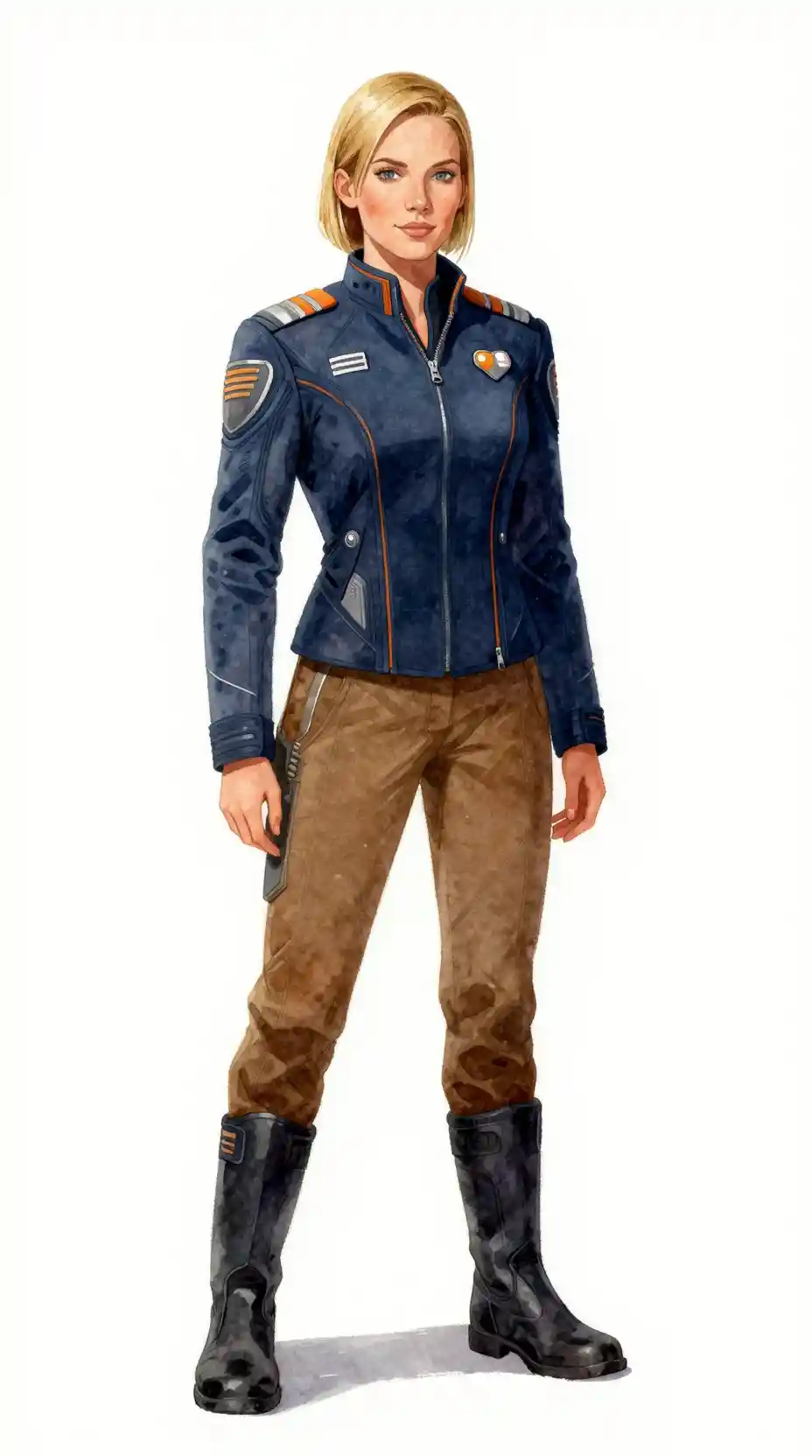 Confident Female Starship Officer In Futuristic Navy Uniform