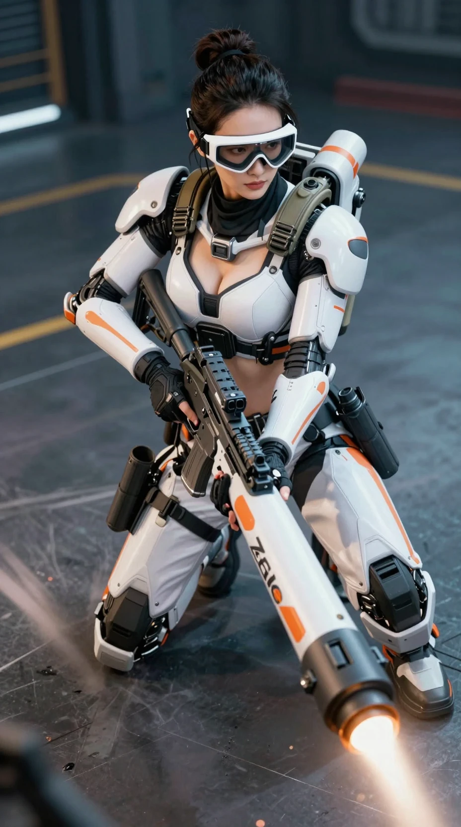 Armored sci fi woman aiming mortar in cyberpunk city