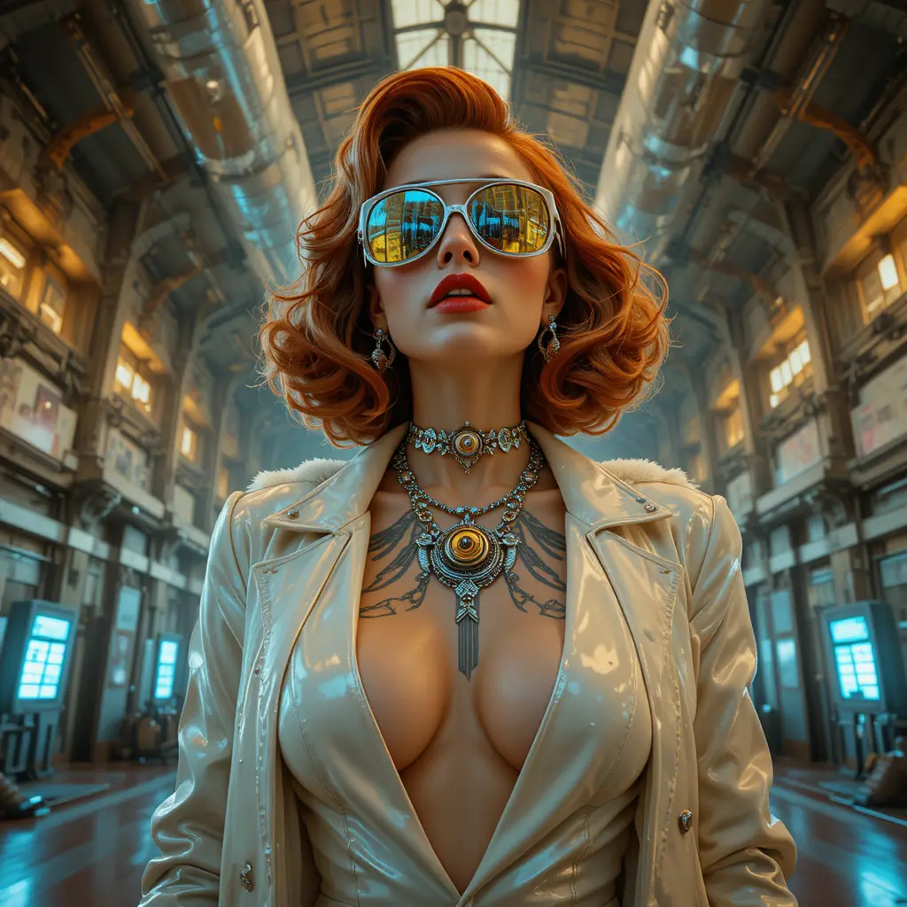Cinematic portrait of a glamorous hacker woman in zeppelin hangar