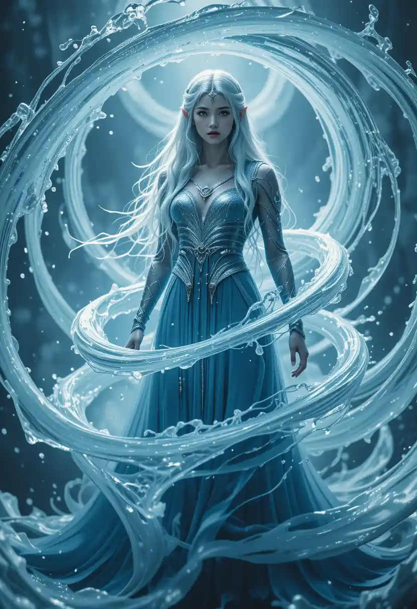 Elven water mage surrounded by spiraling magical vortex