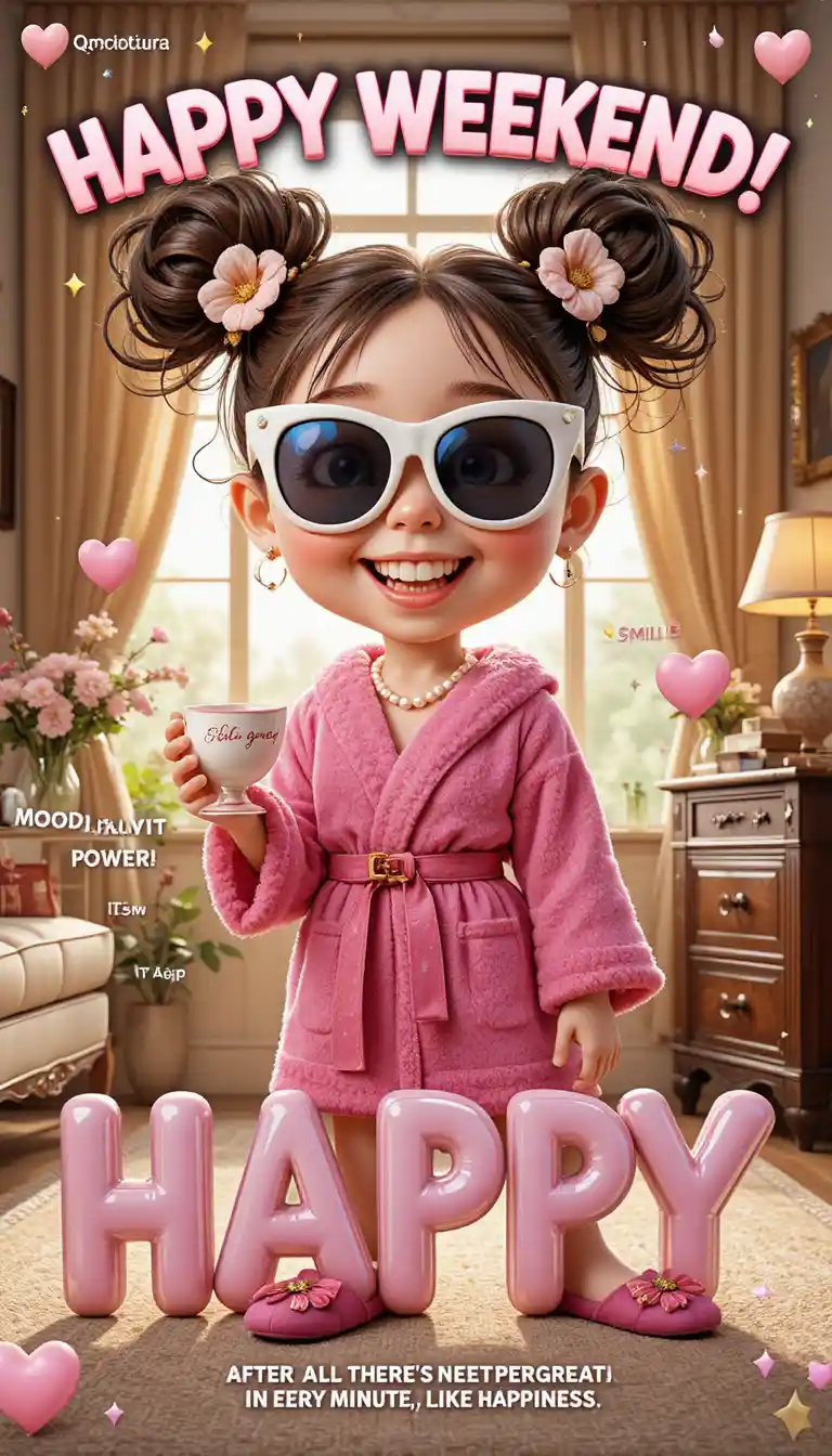 Cheerful little girl in robe with oversized pearl sunglasses