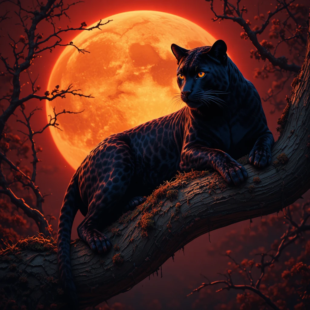 Black leopard on a tree branch before a glowing full moon