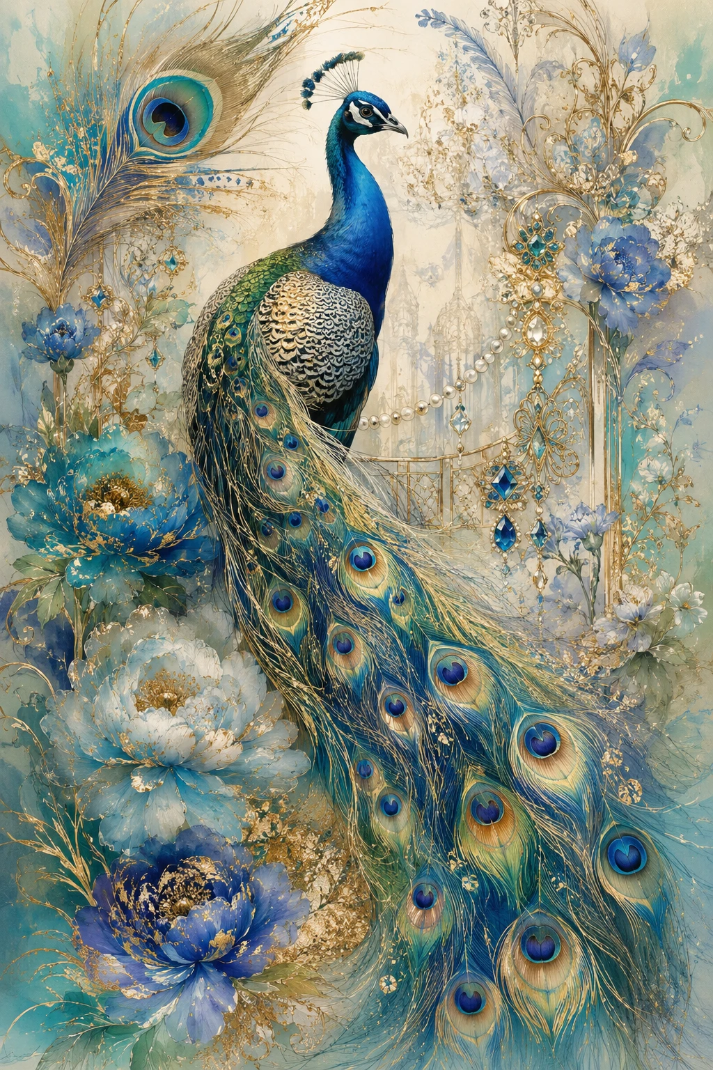 Elegant full body peacock in a floral art nouveau garden