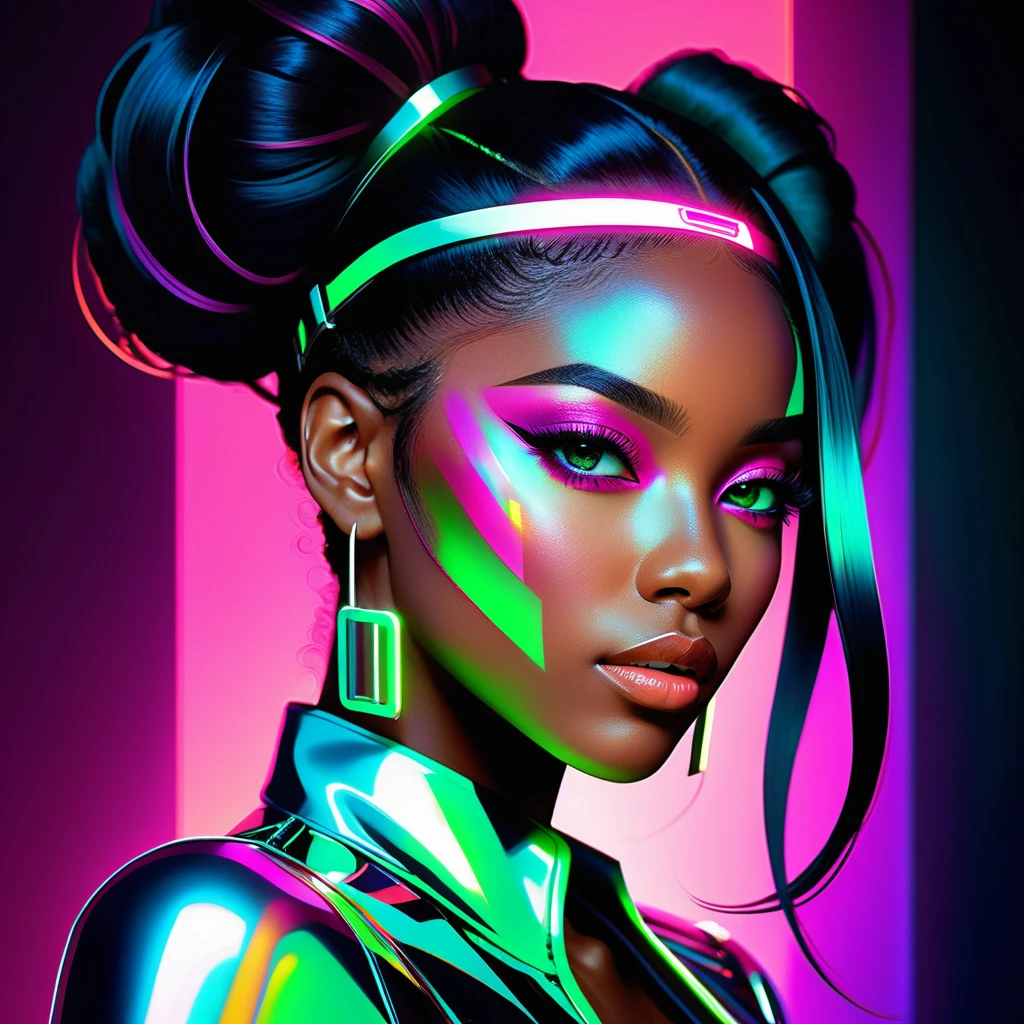 Elegant black woman in neon surreal cyberpunk portrait