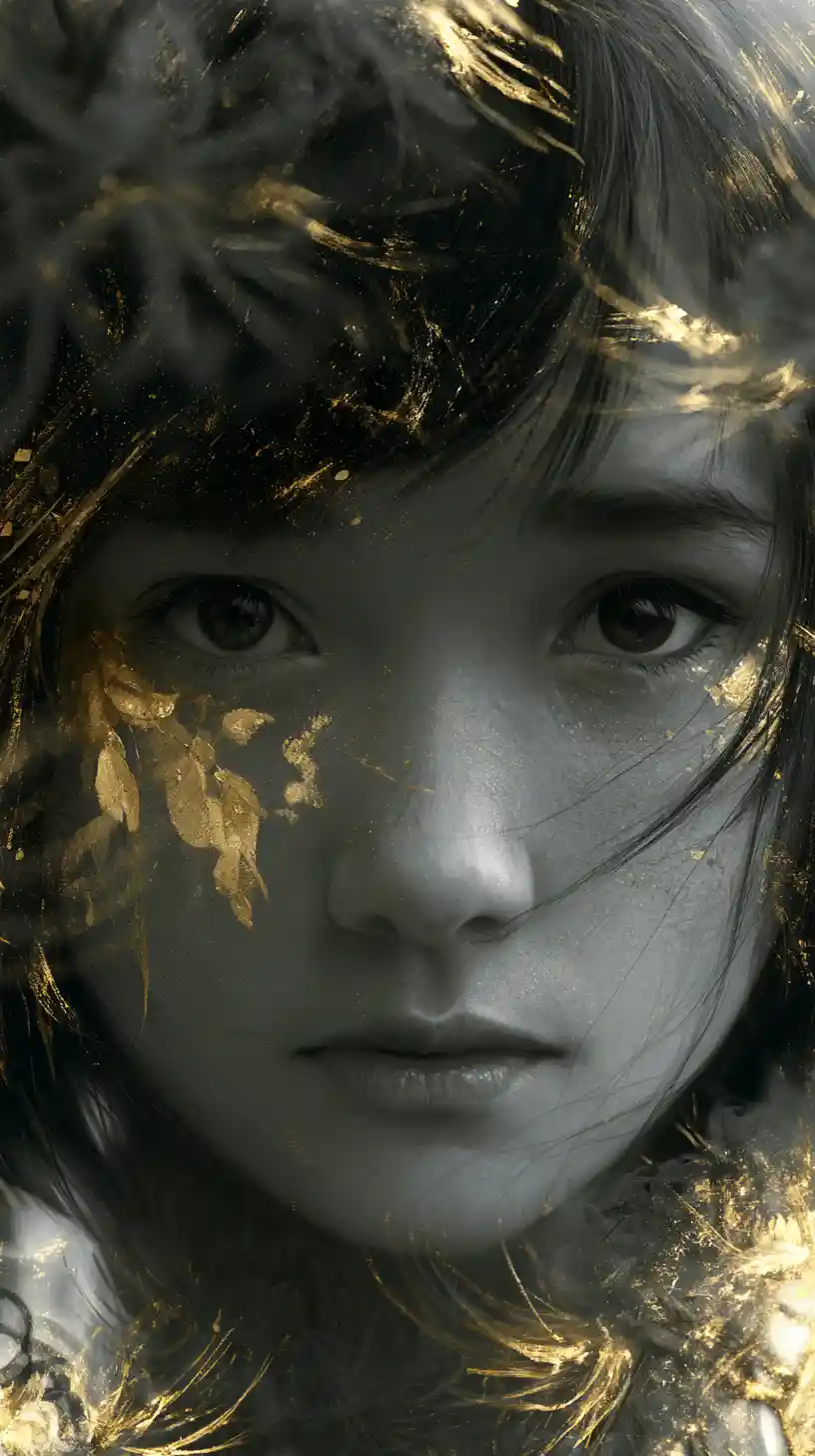 Melancholic girl portrait with gold leaf and dark florals
