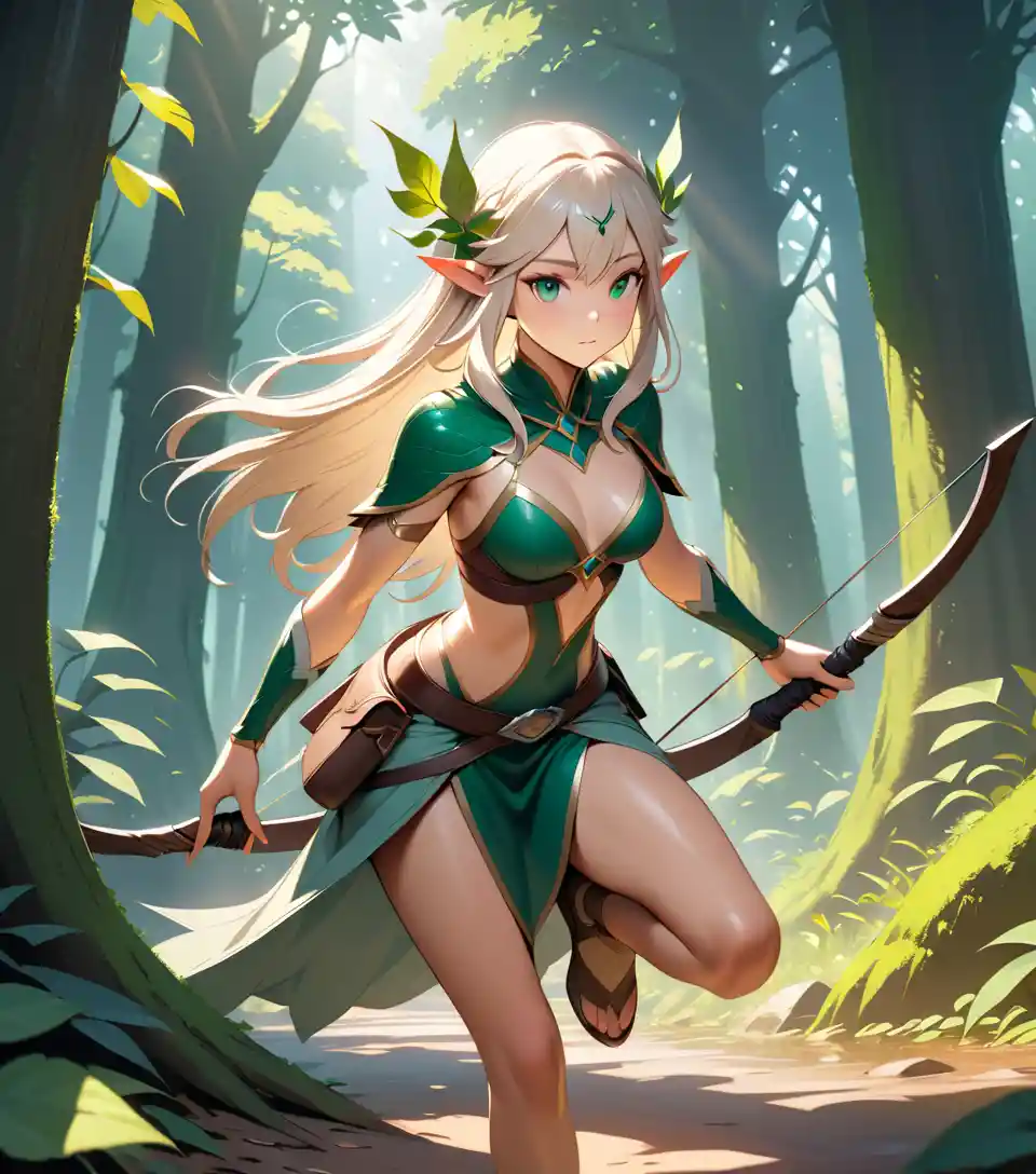 Elven huntress tracking prey in a misty ancient forest