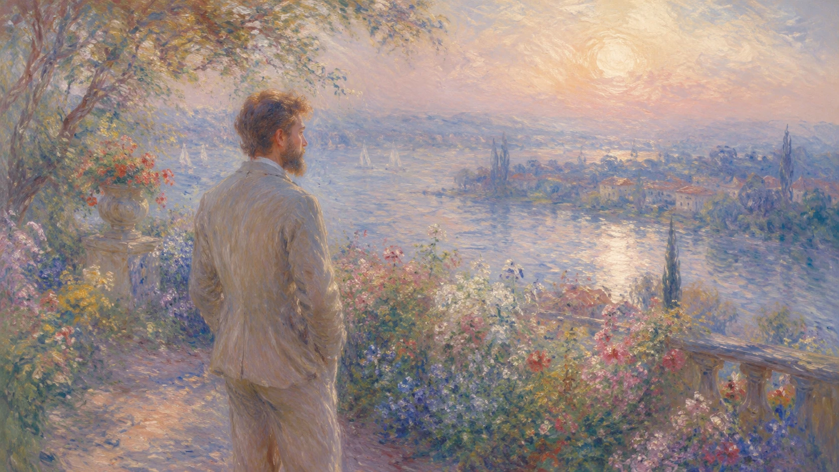 Impressionist portrait of a man in a dreamy pastel landscape