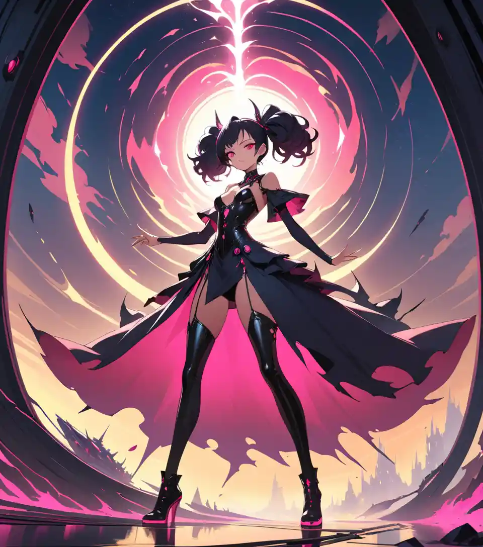 Femme fatale on shattered starship amid neon inferno